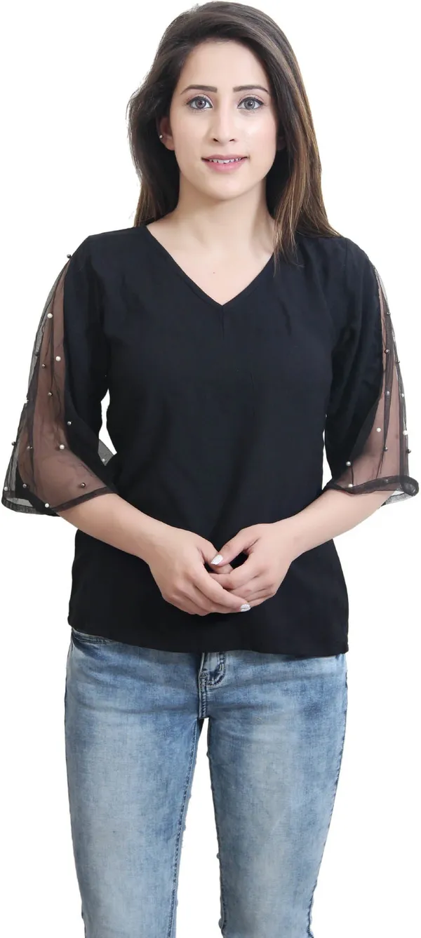Black_Casual_Flared_Sleeve_Embellished_Tops_For_Women