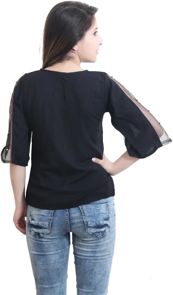 Black_Casual_Flared_Sleeve_Embellished_Tops_For_Women