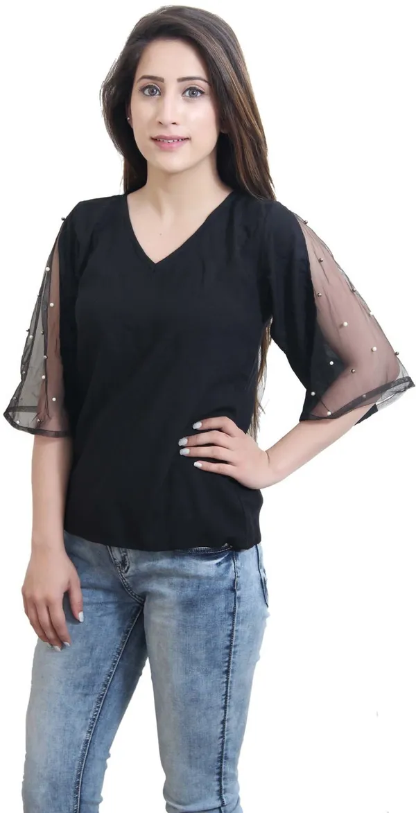 Black_Casual_Flared_Sleeve_Embellished_Tops_For_Women