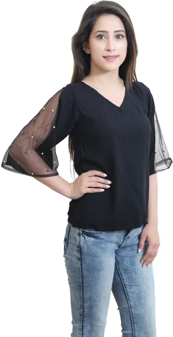 Black_Casual_Flared_Sleeve_Embellished_Tops_For_Women