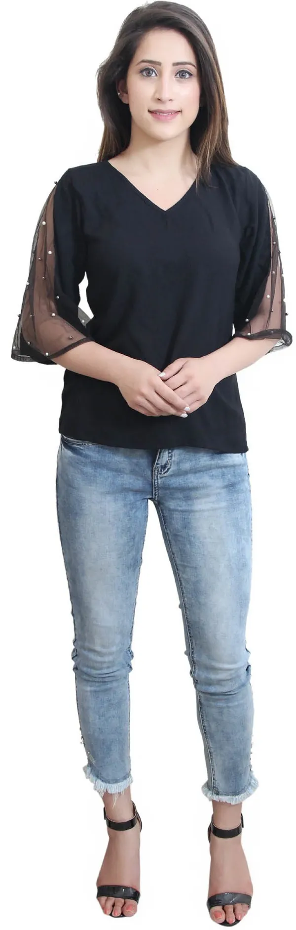 Black_Casual_Flared_Sleeve_Embellished_Tops_For_Women
