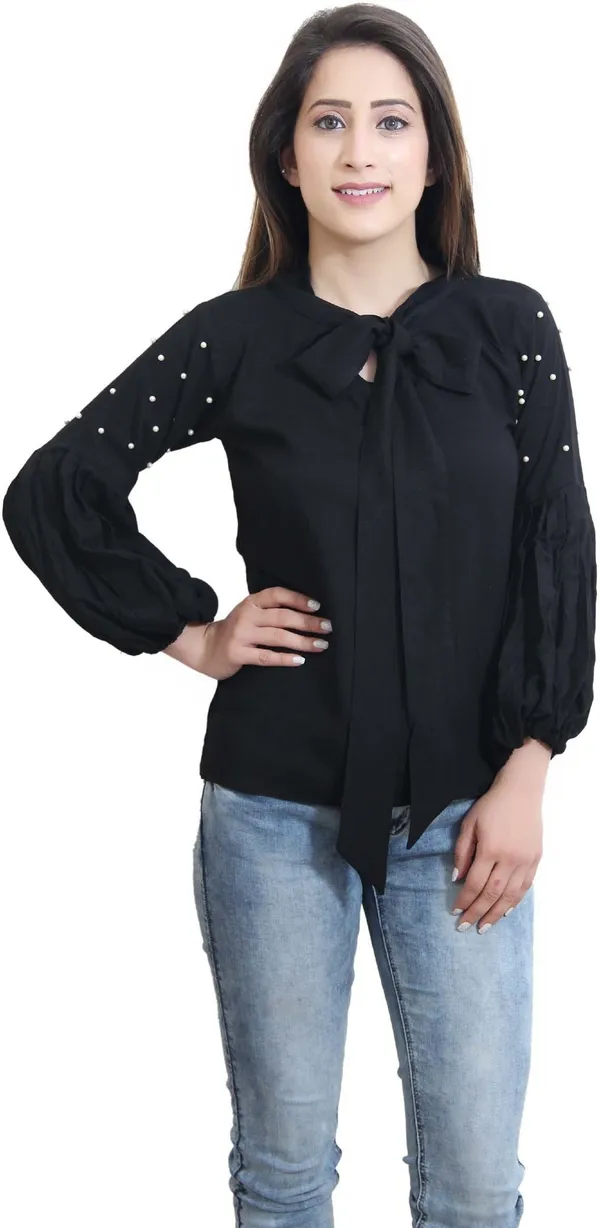 Black_Party_Regular_Sleeve_Solid_Tops_For_Women