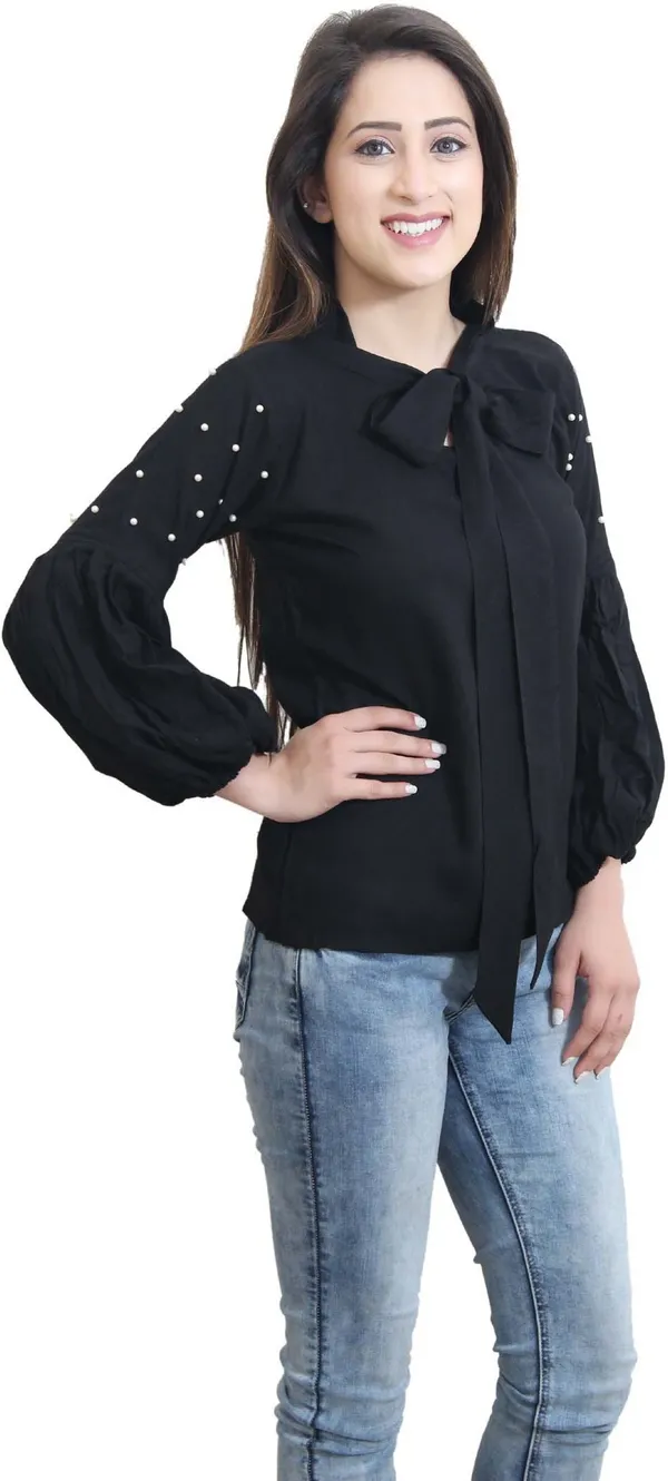 Black_Party_Regular_Sleeve_Solid_Tops_For_Women
