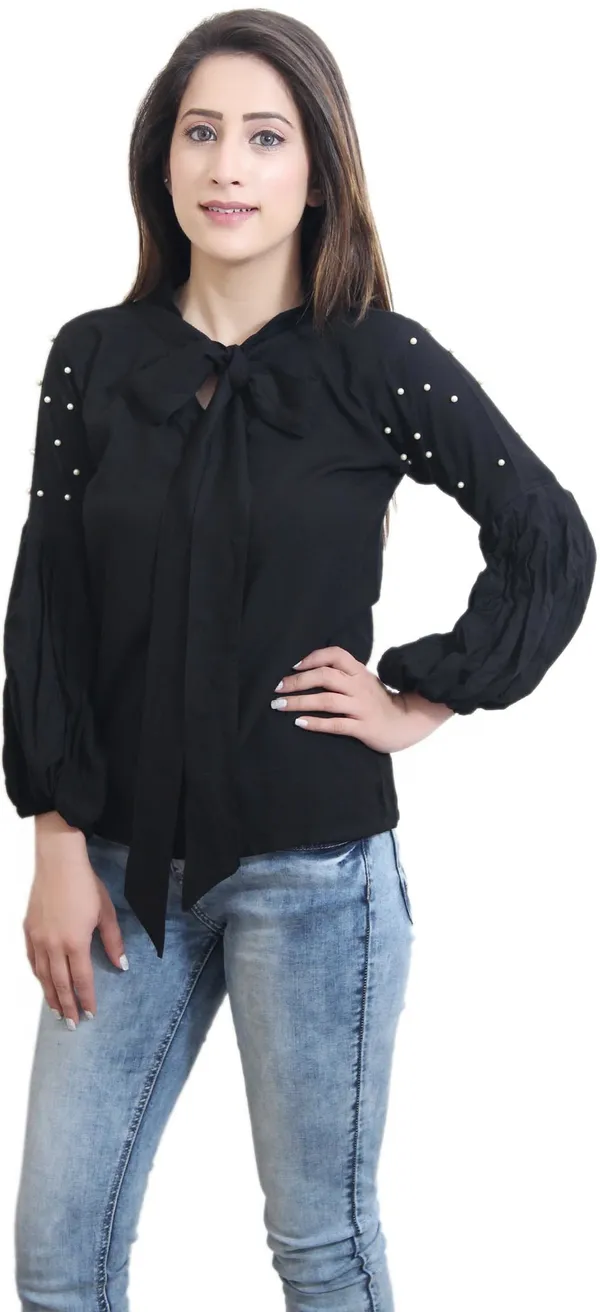 Black_Party_Regular_Sleeve_Solid_Tops_For_Women