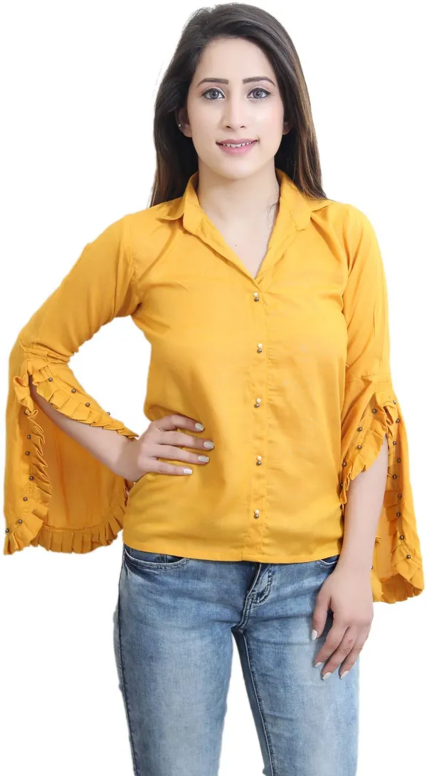 Mustard_Casual_Slit_Sleeve_Solid_Tops_For_Women