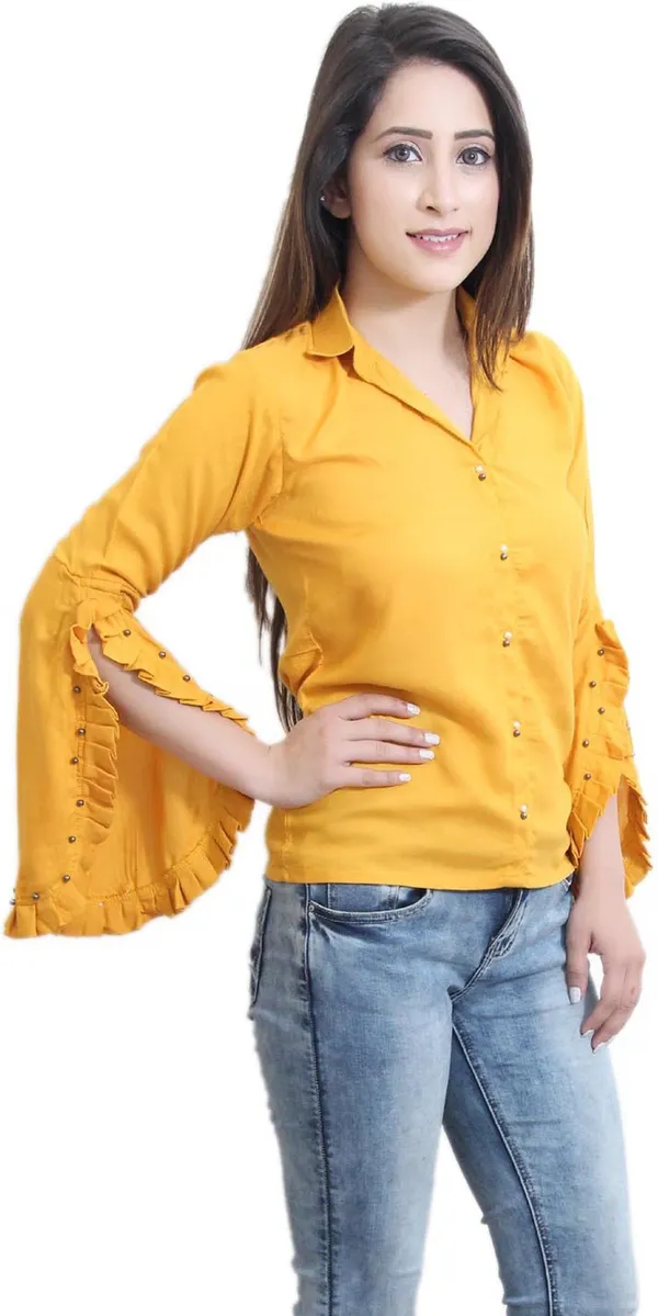 Mustard_Casual_Slit_Sleeve_Solid_Tops_For_Women