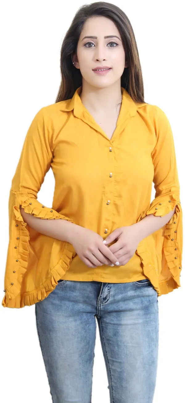 Mustard_Casual_Slit_Sleeve_Solid_Tops_For_Women