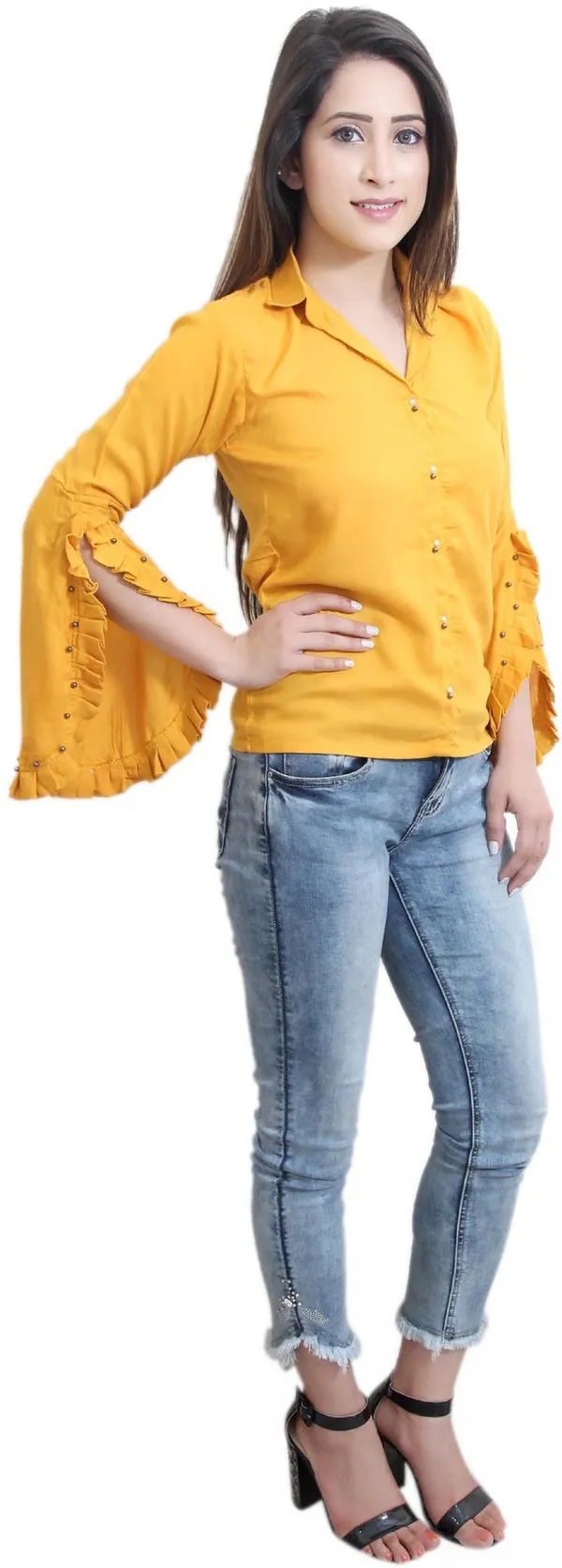 Mustard_Casual_Slit_Sleeve_Solid_Tops_For_Women