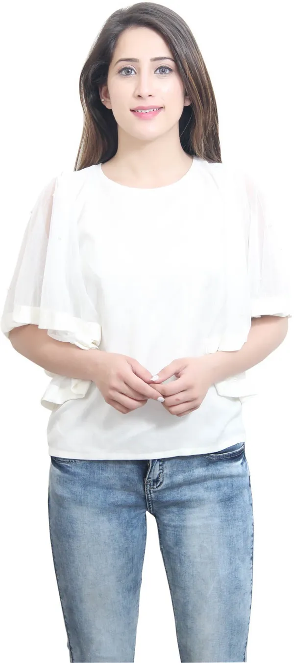 White_Casual_Flared_Sleeve_Solid_Tops_For_Women