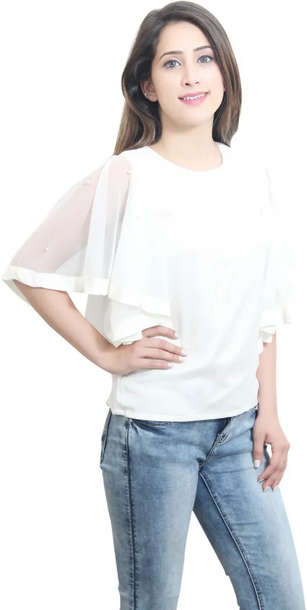 White_Casual_Flared_Sleeve_Solid_Tops_For_Women