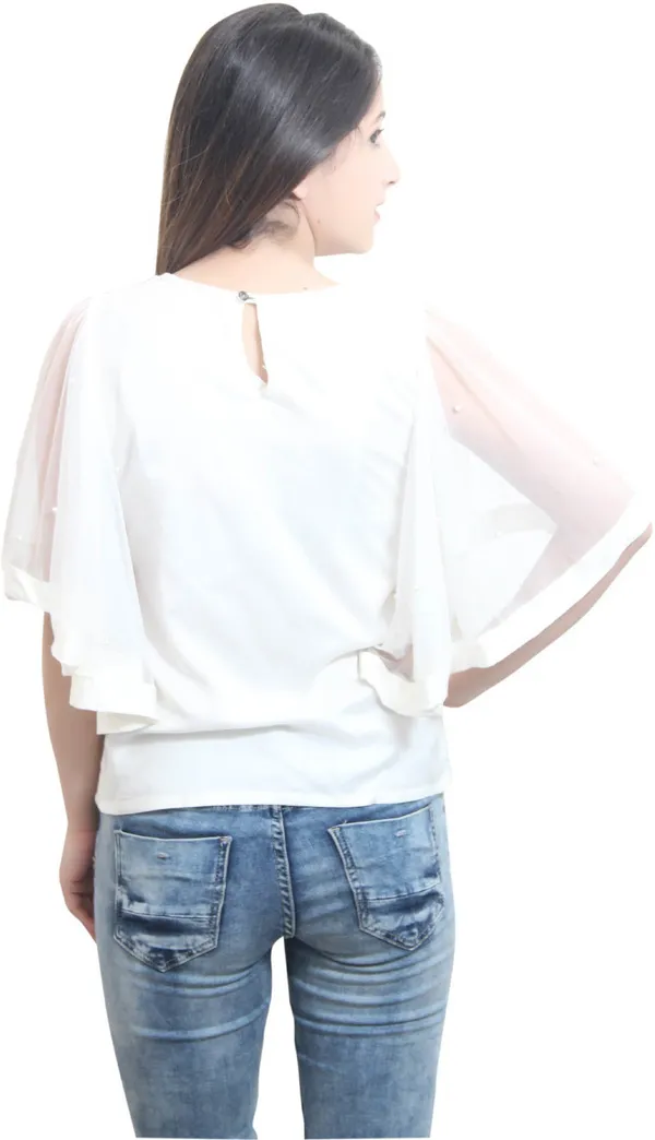 White_Casual_Flared_Sleeve_Solid_Tops_For_Women