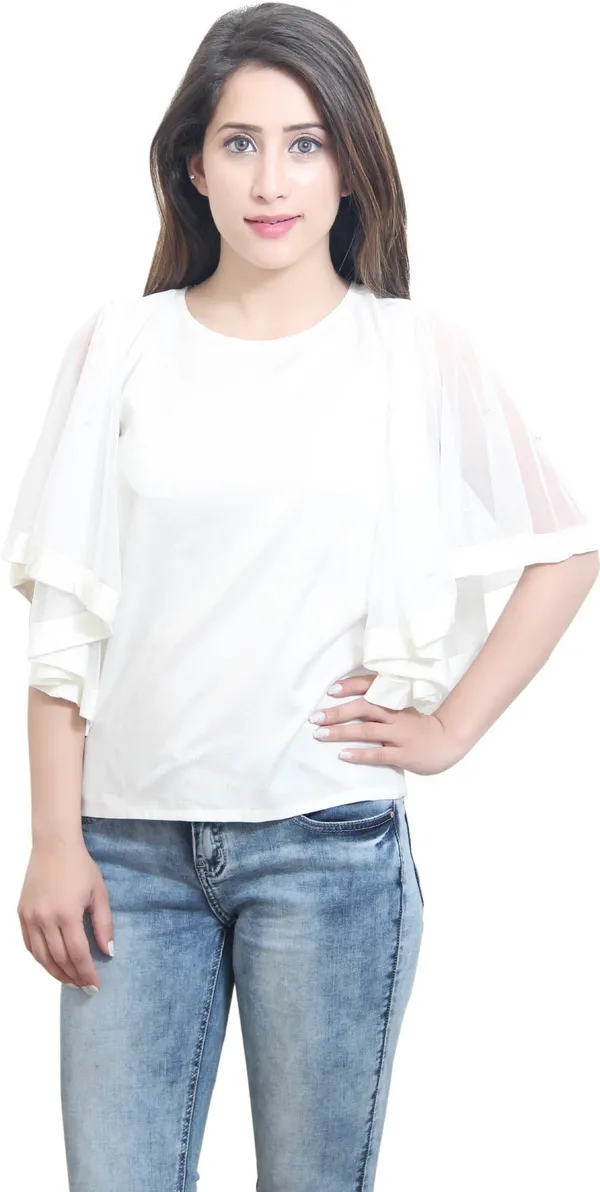 White_Casual_Flared_Sleeve_Solid_Tops_For_Women