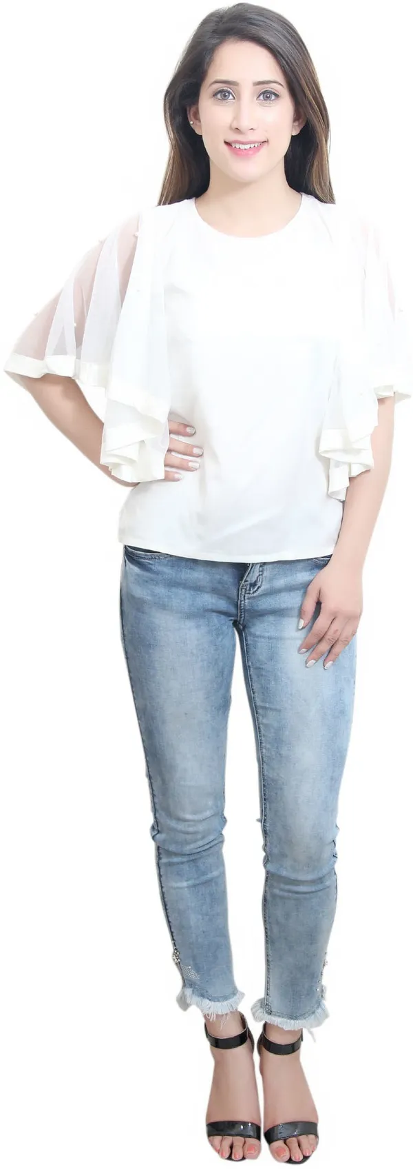 White_Casual_Flared_Sleeve_Solid_Tops_For_Women