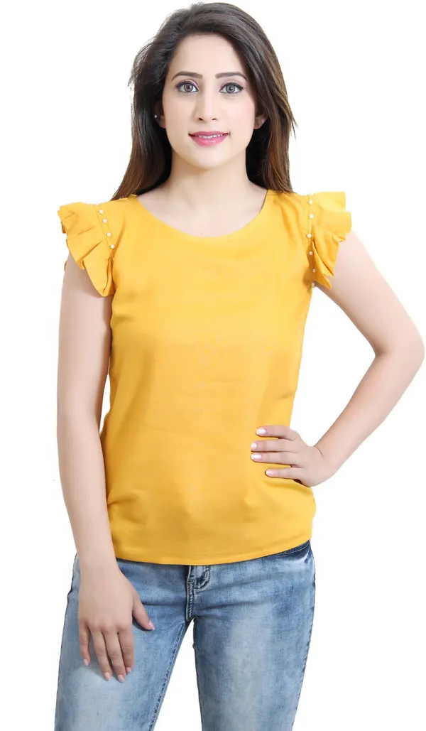 Mustard_Casual_Flared_Sleeve_Solid_Tops_For_Women