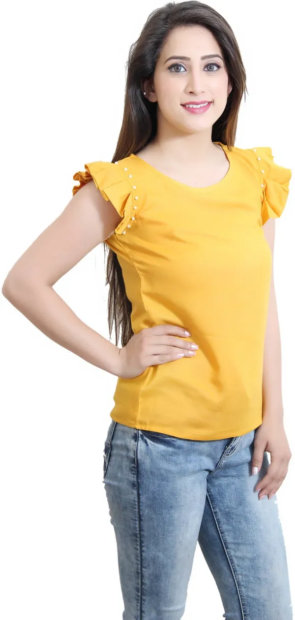 Mustard_Casual_Flared_Sleeve_Solid_Tops_For_Women