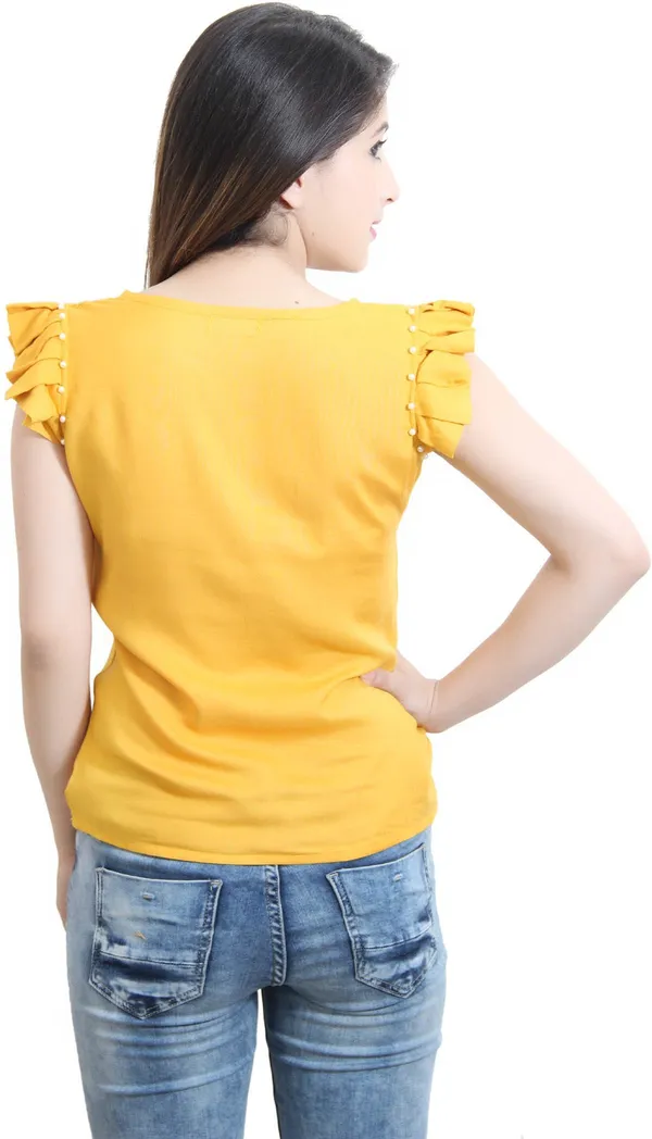 Mustard_Casual_Flared_Sleeve_Solid_Tops_For_Women