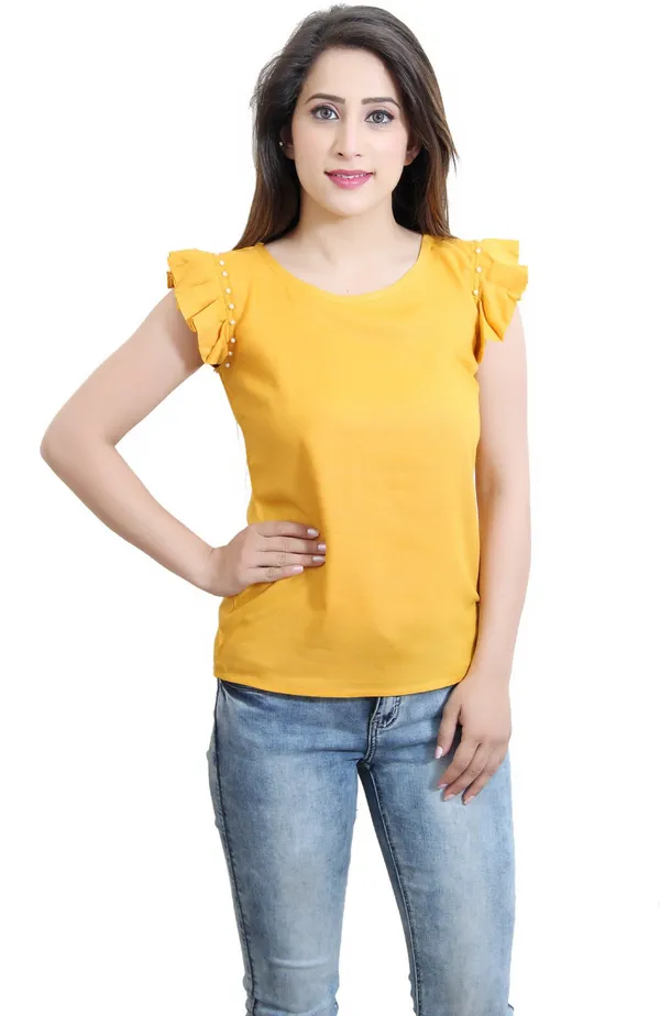 Mustard_Casual_Flared_Sleeve_Solid_Tops_For_Women