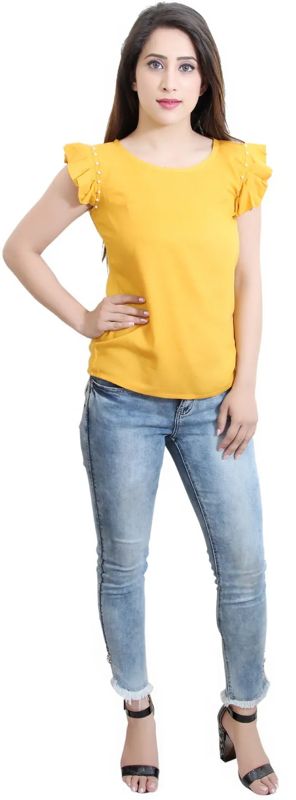 Mustard_Casual_Flared_Sleeve_Solid_Tops_For_Women