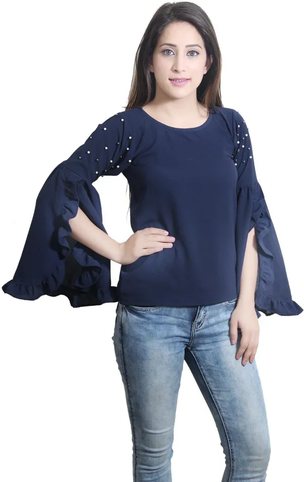 Navy_Blue_Casual_Slit_Sleeve_Embellished_Tops_For_Women