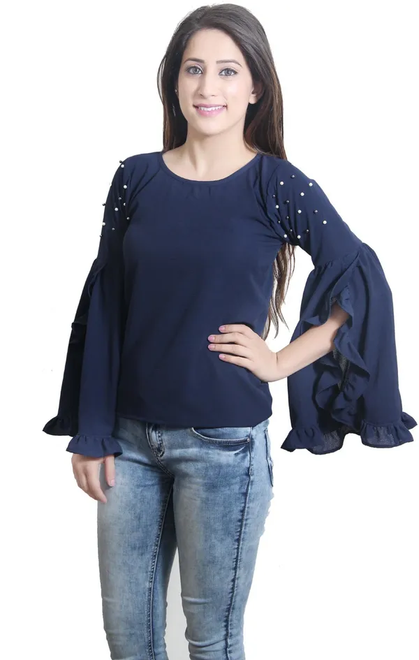 Navy_Blue_Casual_Slit_Sleeve_Embellished_Tops_For_Women