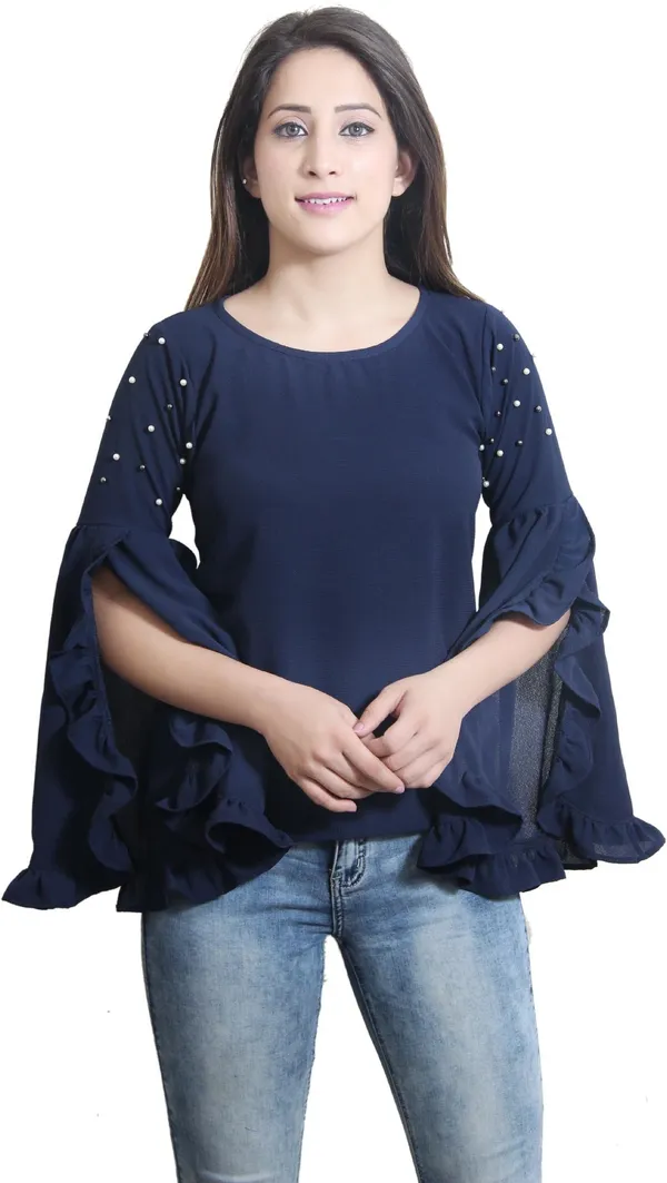 Navy_Blue_Casual_Slit_Sleeve_Embellished_Tops_For_Women