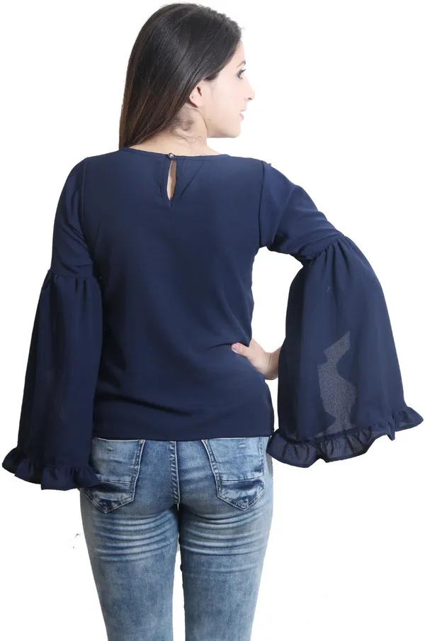 Navy_Blue_Casual_Slit_Sleeve_Embellished_Tops_For_Women
