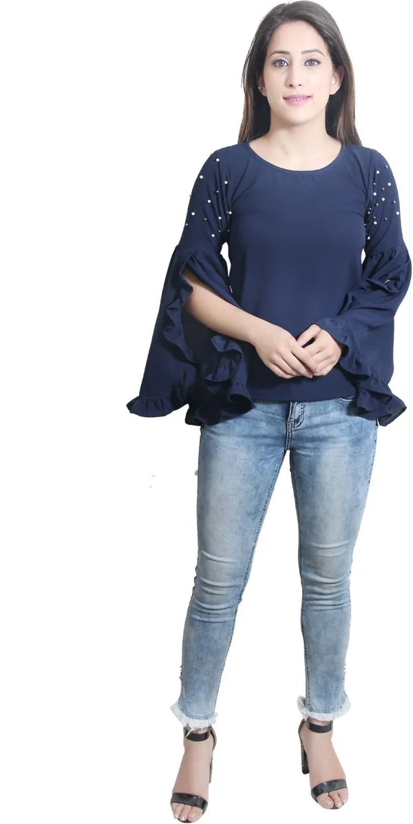 Navy_Blue_Casual_Slit_Sleeve_Embellished_Tops_For_Women