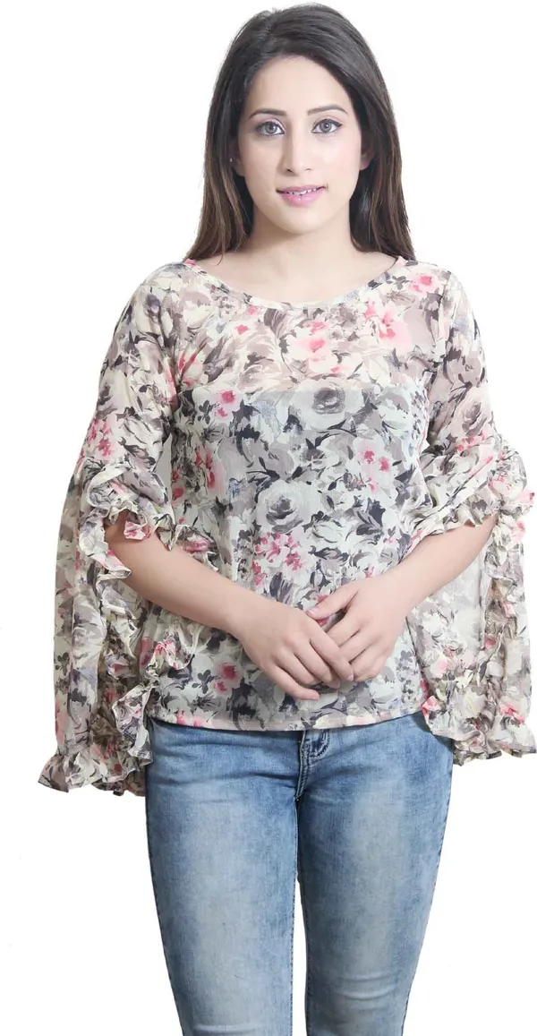 Multicolor_Casual_Flared_Sleeve_Printed_Tops_For_Women