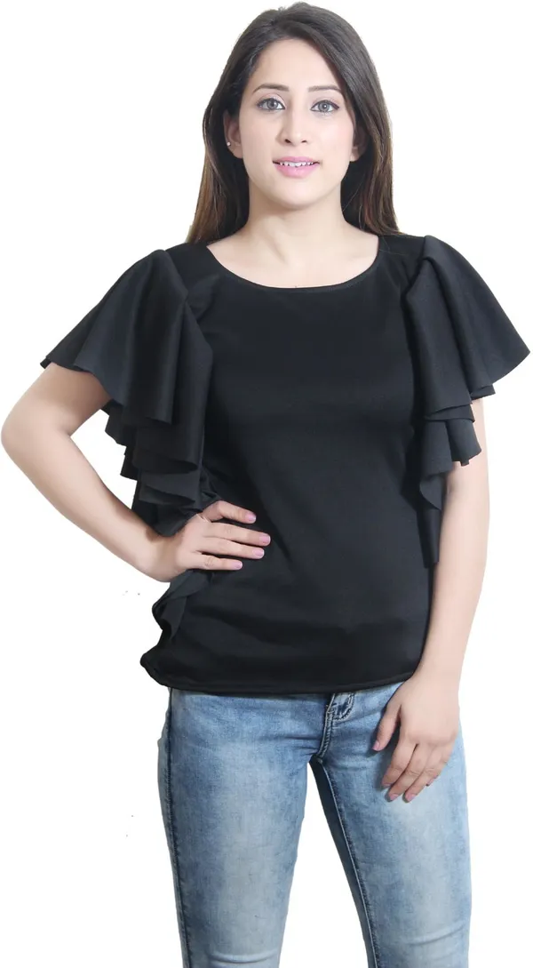 Black_Party_Flared_Sleeve_Solid_Tops_For_Women