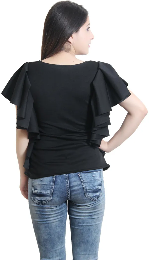 Black_Party_Flared_Sleeve_Solid_Tops_For_Women