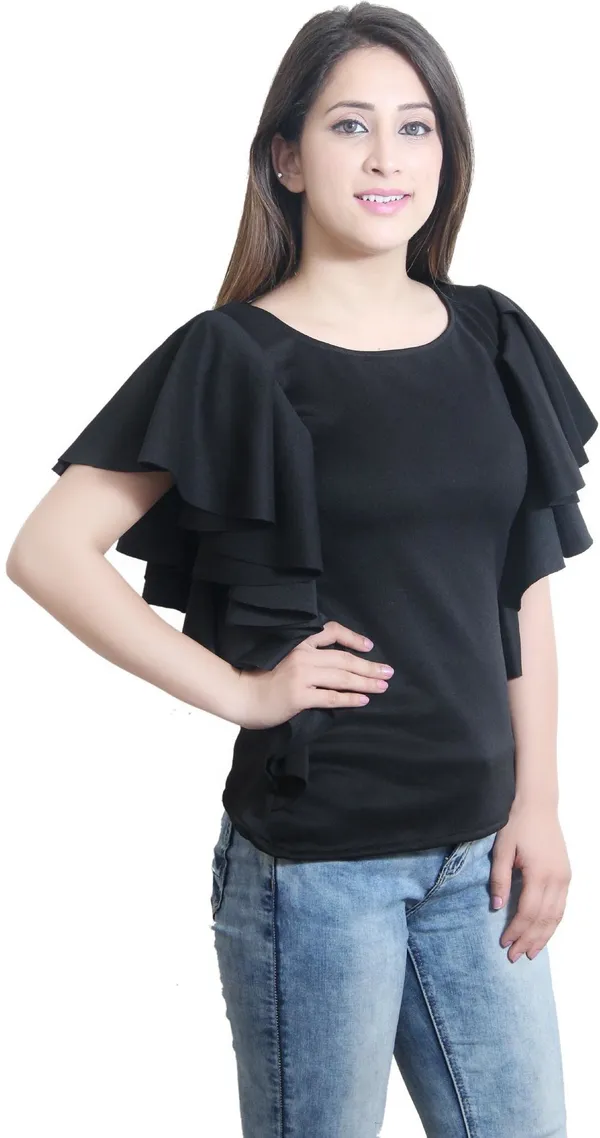 Black_Party_Flared_Sleeve_Solid_Tops_For_Women