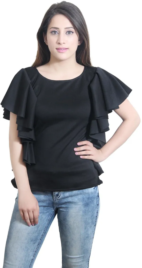 Black_Party_Flared_Sleeve_Solid_Tops_For_Women