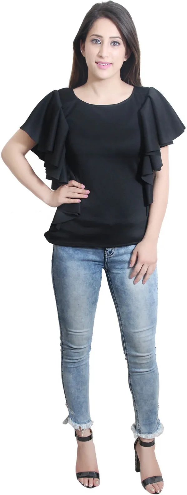 Black_Party_Flared_Sleeve_Solid_Tops_For_Women