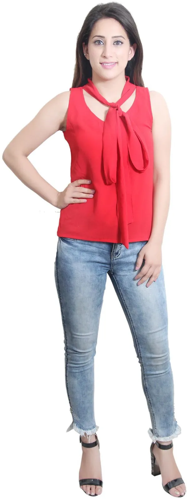 Red_Casual_Sleeveless_Solid_Tops_For_Women