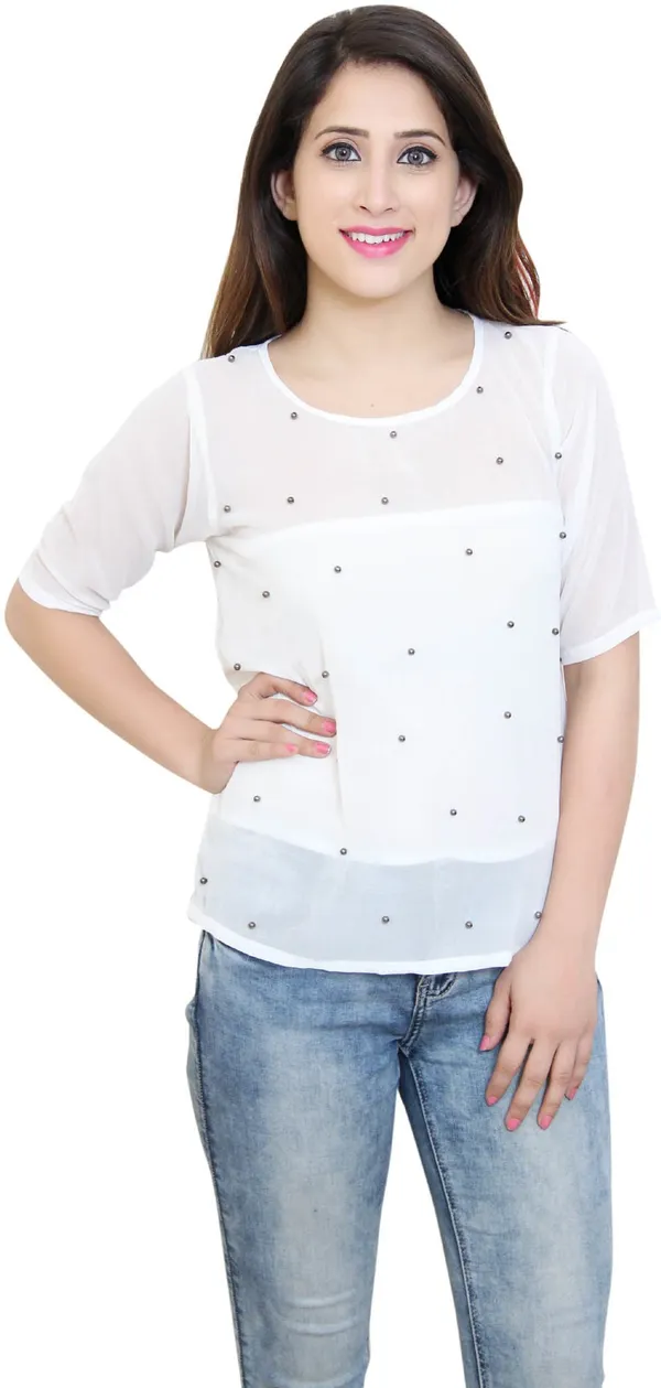 White_Party_Regular_Sleeve_Embellished_Tops_For_Women
