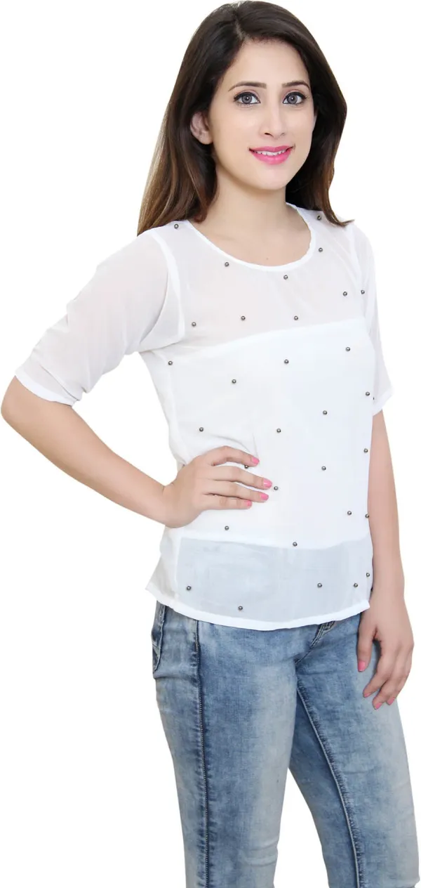White_Party_Regular_Sleeve_Embellished_Tops_For_Women