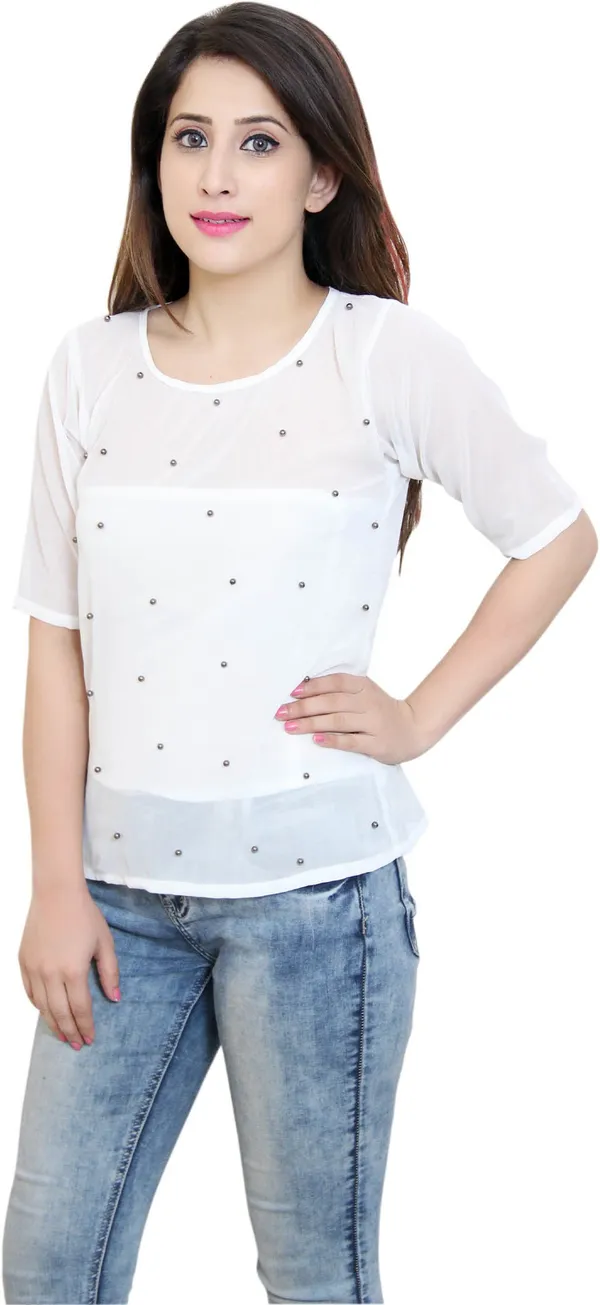 White_Party_Regular_Sleeve_Embellished_Tops_For_Women