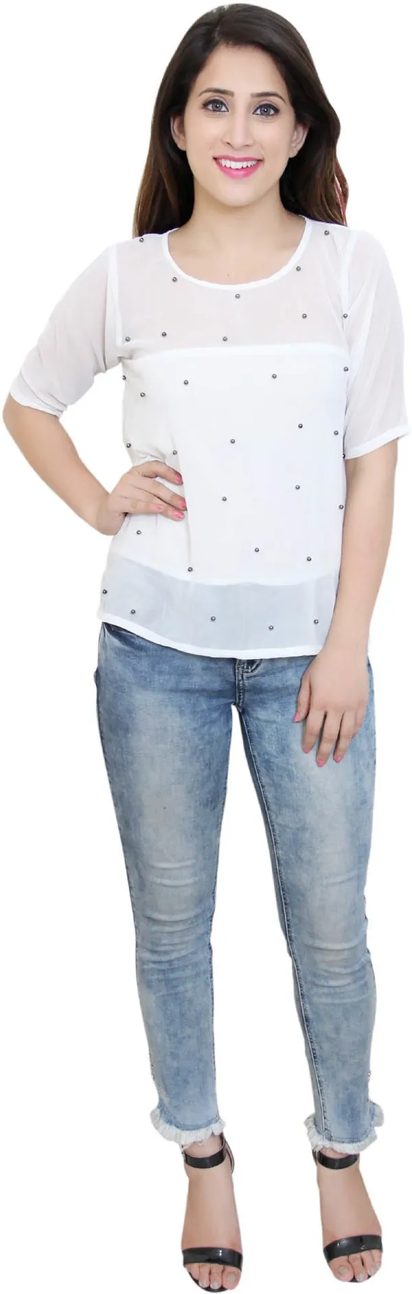 White_Party_Regular_Sleeve_Embellished_Tops_For_Women