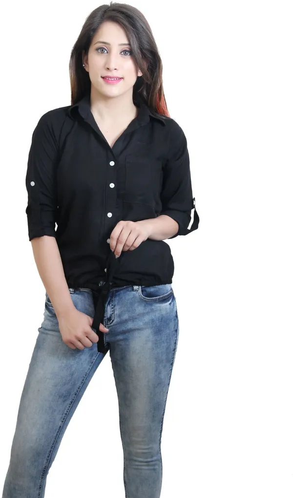 Black_Casual_Roll-Up_Sleeve_Solid_Tops_For_Women