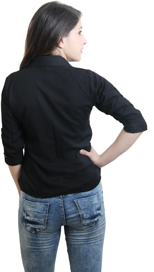 Black_Casual_Roll-Up_Sleeve_Solid_Tops_For_Women