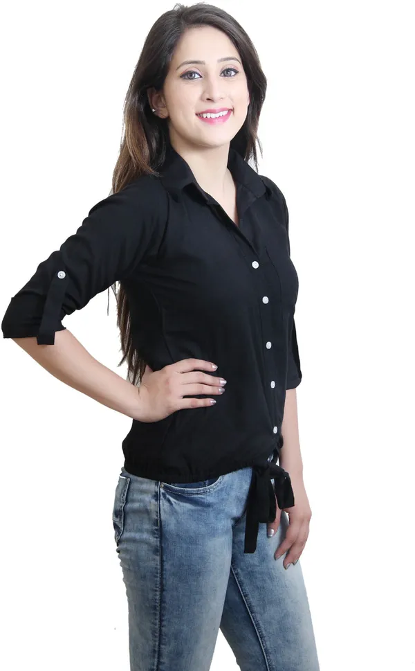 Black_Casual_Roll-Up_Sleeve_Solid_Tops_For_Women