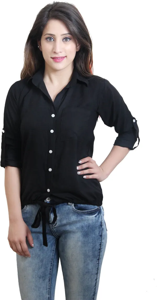 Black_Casual_Roll-Up_Sleeve_Solid_Tops_For_Women