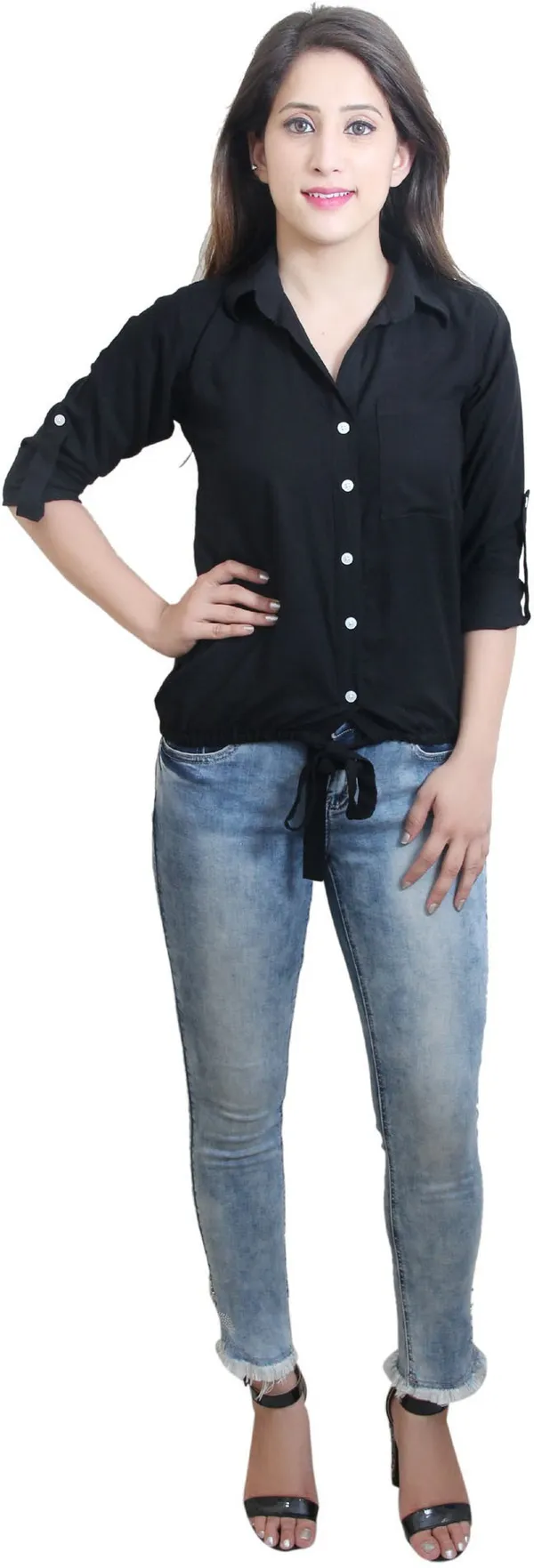 Black_Casual_Roll-Up_Sleeve_Solid_Tops_For_Women