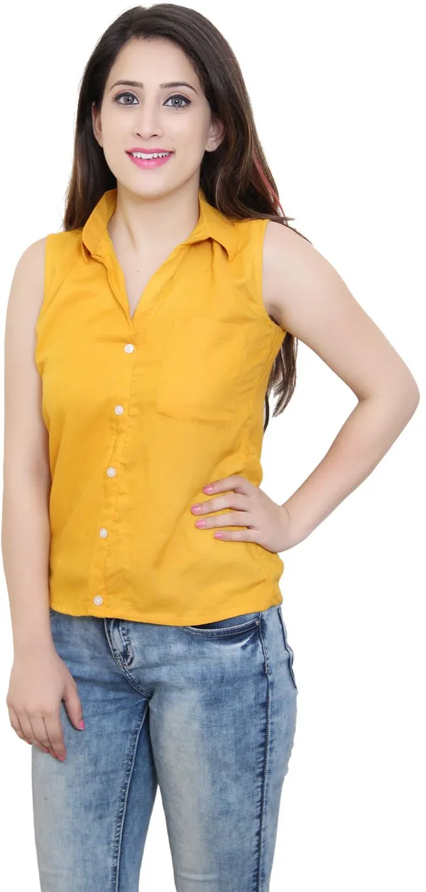Yellow_Viscose_Rayon_Sleeveless_Collared_Solid_Hip_Length_Shirt_Style_Top_For_Women