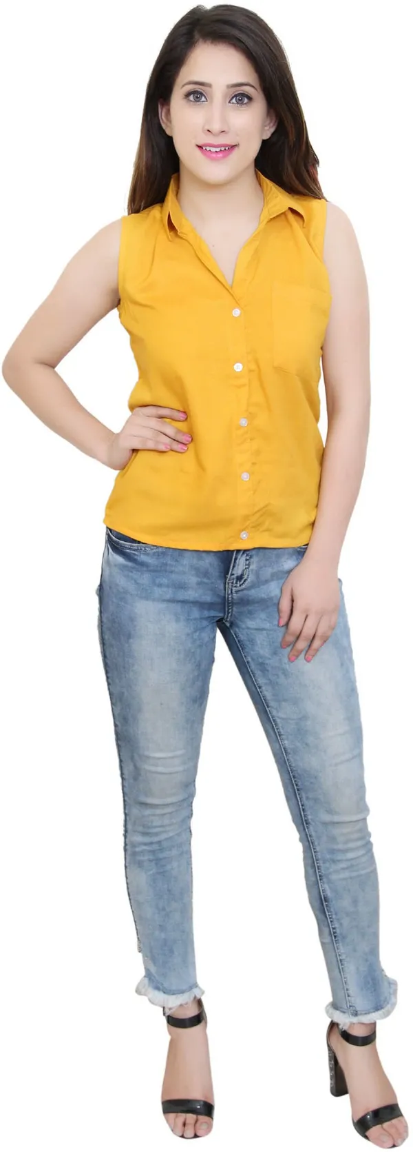 Yellow_Viscose_Rayon_Sleeveless_Collared_Solid_Hip_Length_Shirt_Style_Top_For_Women