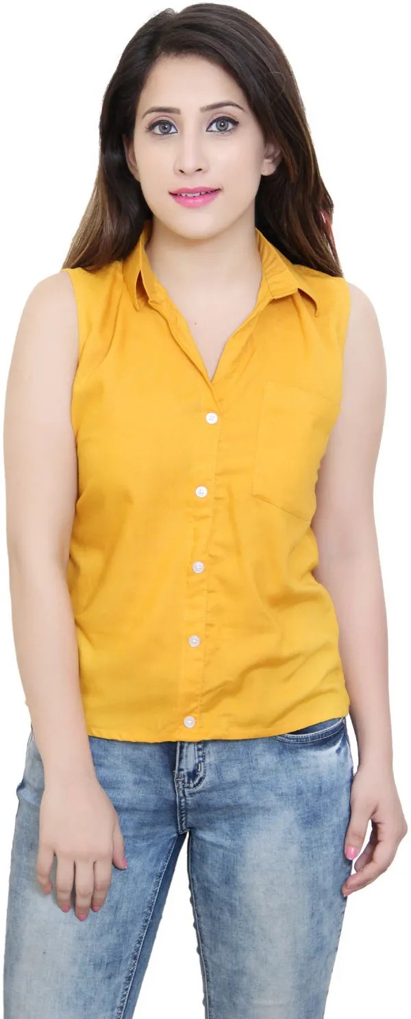 Yellow_Viscose_Rayon_Sleeveless_Collared_Solid_Hip_Length_Shirt_Style_Top_For_Women