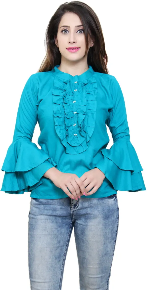 Blue_Party_Bell_Sleeve_Solid_Tops_For_Women