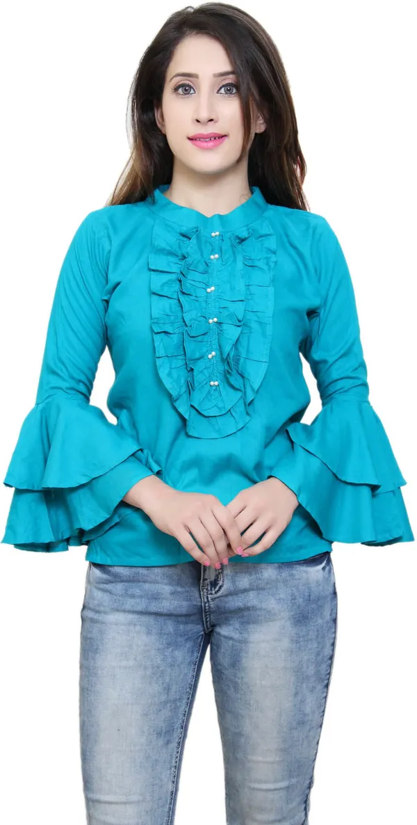 Blue_Party_Bell_Sleeve_Solid_Tops_For_Women