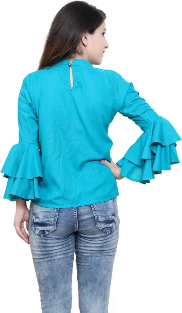 Blue_Party_Bell_Sleeve_Solid_Tops_For_Women