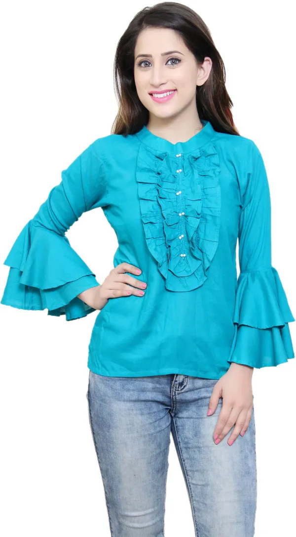Blue_Party_Bell_Sleeve_Solid_Tops_For_Women